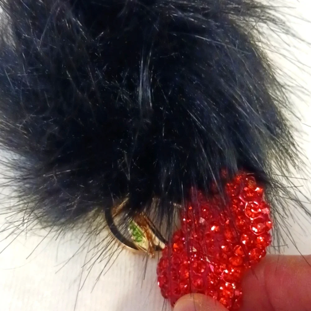 Crystal Cherries Bag Charm Key Chain Red w Black Faux Mink‎ Black Pom